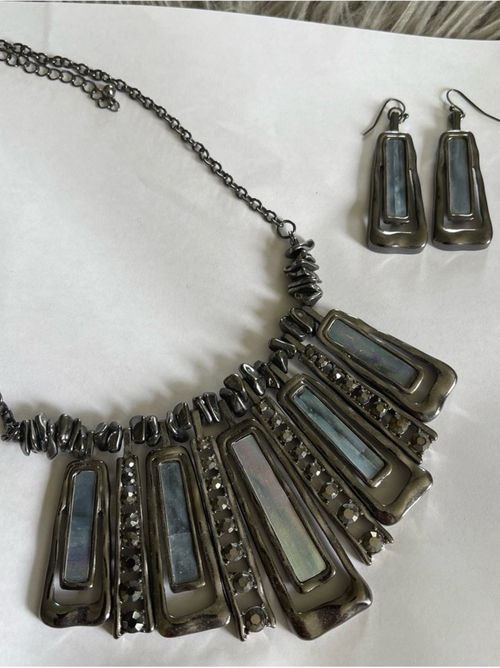 Statement Silver-Tone Necklace & Earrings Set with Light Blue Inlay
